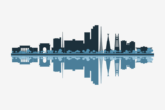 Quezon City, Philippines skyline silhouette with modern landmarks reflection on white background in minimalist style.