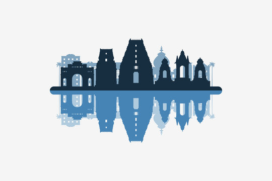 Salem, India skyline silhouette with modern landmarks reflection on white background in minimalist style.