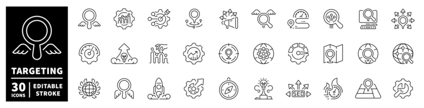 Collection of targeting and SEO icons with a magnifying glass and wings