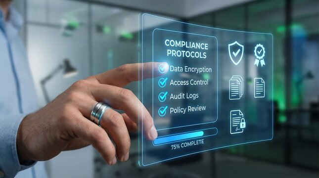 Businessman pointing at compliance protocols list with checkboxes for data encryption and policy review on futuristic screen