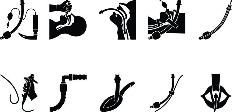 Medical Endotracheal Intubation and Airway Management Vector Icon Set for Healthcare Training, Emergency Medicine & Clinical Education (EPS)