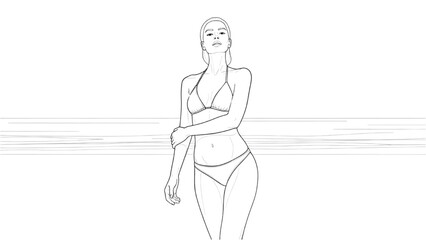 A woman in 2D CAD illustration stands confidently on beach © Stock Image Paradise