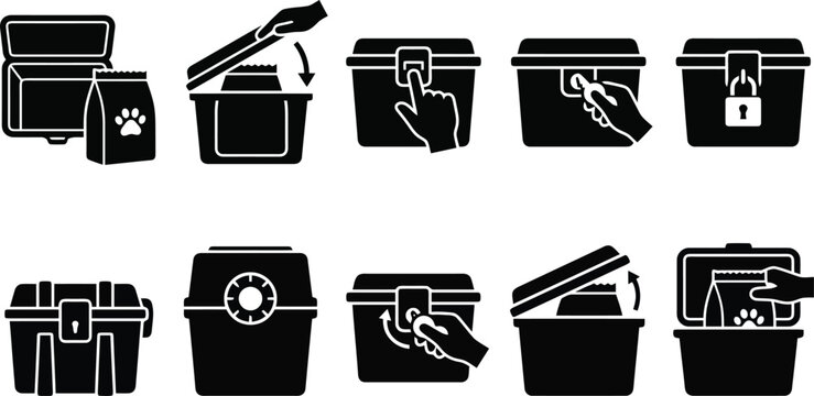 Pet Food Storage Container and Airtight Bin Instruction Vector Icon Set for Product Packaging, User Manuals & Pet Care Guides (EPS)