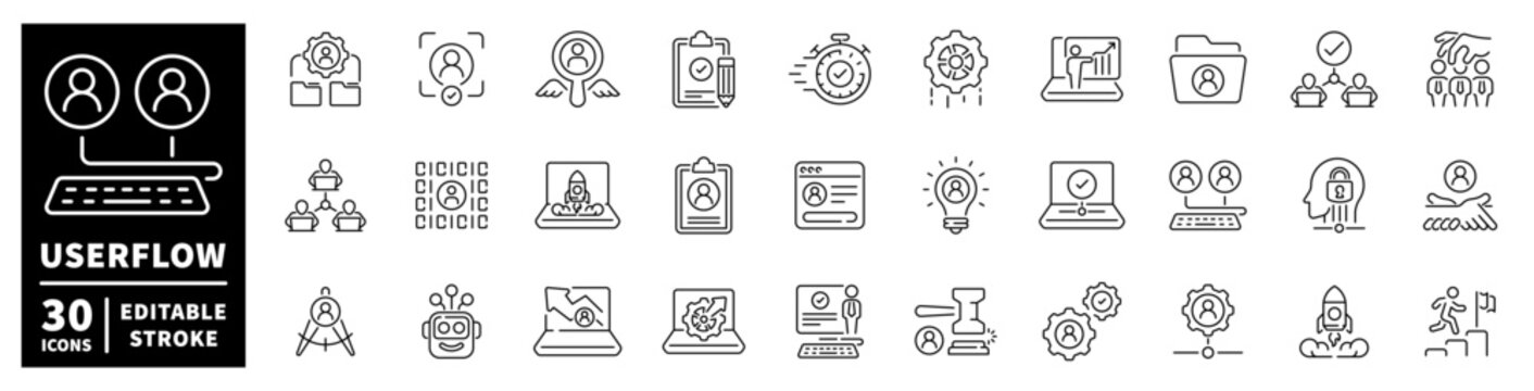 Collection of user flow and business process icons with editable stroke