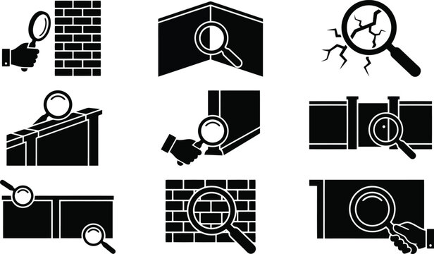 Home Inspection and Building Maintenance Magnifying Glass Vector Icon Set for Construction Quality Control, Property Surveys & Structural Analysis (EPS)