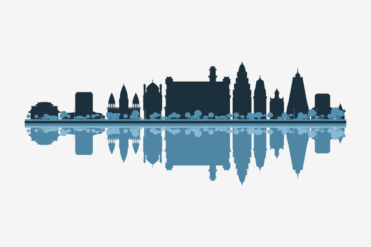 Varanasi, India skyline silhouette with modern landmarks reflection on white background in minimalist style.