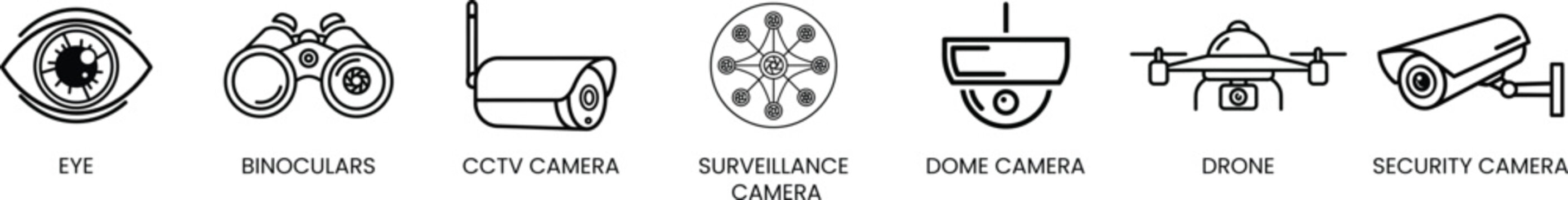 &ldquo;  Security Surveillance Glyph Icon Set&rdquo; black and white line vector illustrationSurveillance Camera, Dome Camera, Drone, and Security Camera icons on white backgroun
