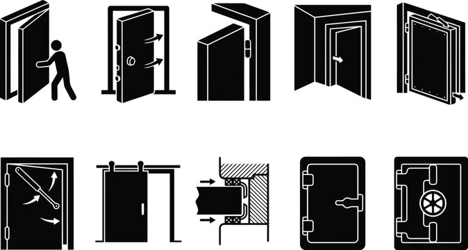 Industrial Door and Security Entrance Black Silhouette Vector Icon Set for Architectural Blueprints, Facility Management & Safety Manuals (EPS)