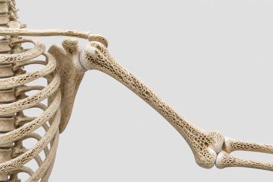 AI genereted image 3D illustration of human arm and shoulder bones showing severe osteoporosis and porous bone degradation against a light background.

