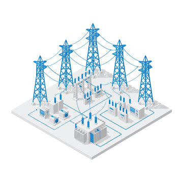 High Voltage Substation With Lattice Towers, Busbars, Transformers And Switchgear, Isometric, Industrial Vector Icons, Utility System Icons, Flat Vector Illustration