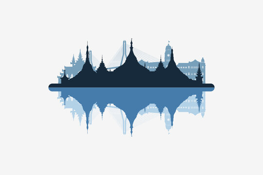 Yangon, Myanmar skyline silhouette with modern landmarks reflection on white background in minimalist style.