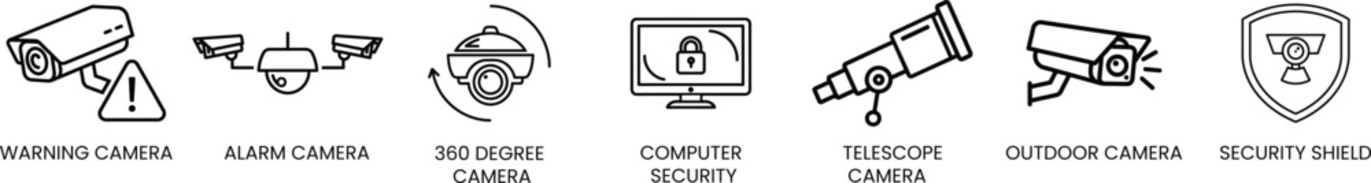 &ldquo;Security Camera Liner Glyph Icons&rdquo; black and white minimal liner vector illustration Computer Security, Outdoor Camera, and Security Shield isolated on white background..