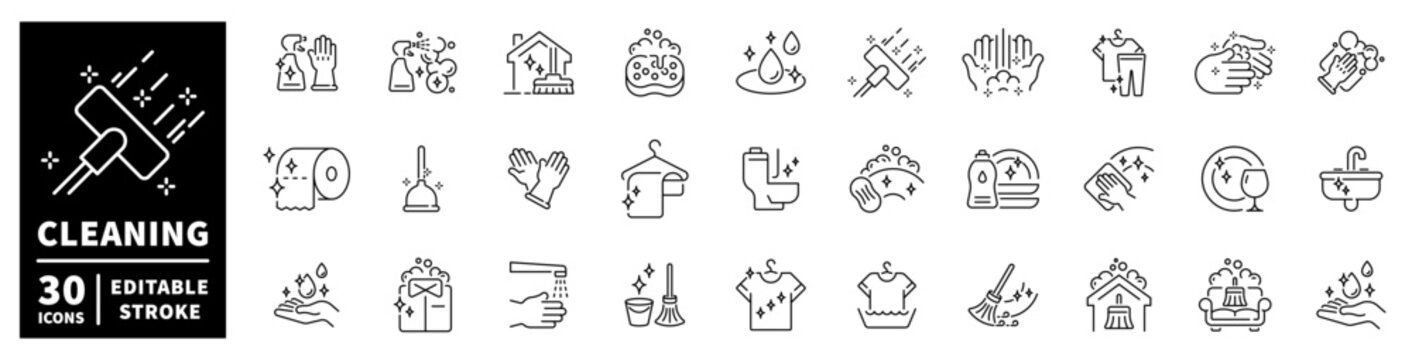 Collection of cleaning icons for household chores and hygiene tasks