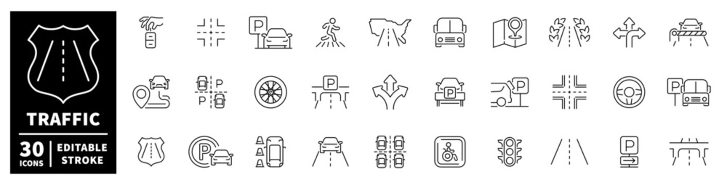 Collection of traffic and transportation icons for road safety and navigation