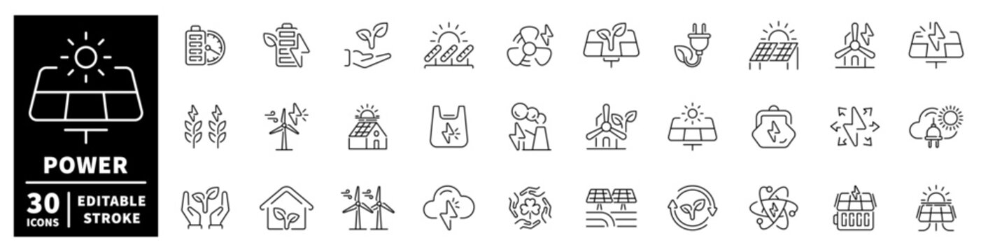 Collection of renewable energy and power icons with editable stroke
