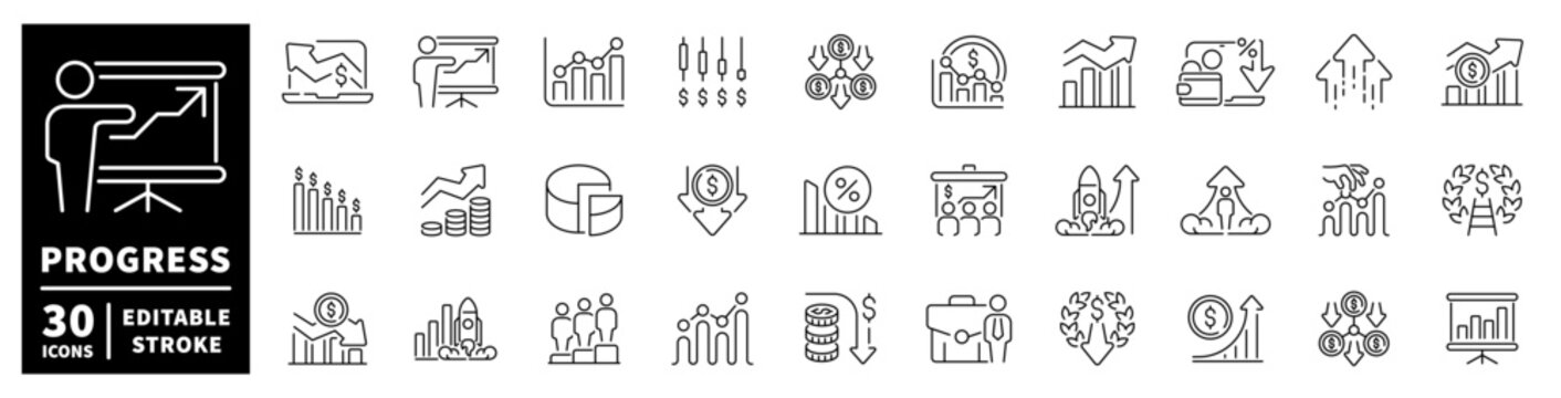 Business growth and financial progress icons showing upward trends and success