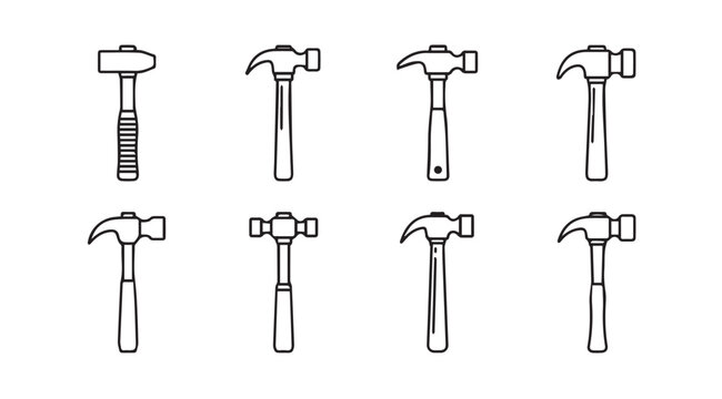Collection of various hammer outlines on a clean white background
