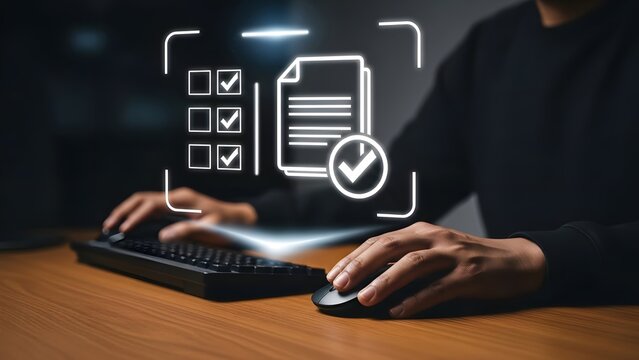 Person types on a keyboard with glowing checklist and document icons, indicating online verification.