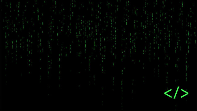 Green programming code rain background with developer symbol