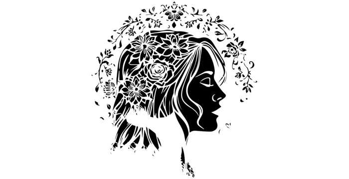 Floral woman silhouette with flower crown and botanical arch vector illustration.