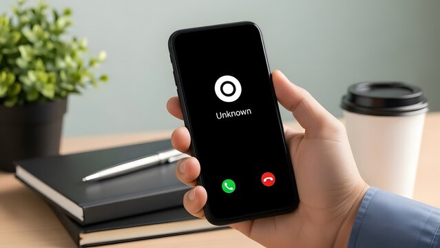 Person's hand is holding a smartphone screen displaying an "unknown" incoming call notification.