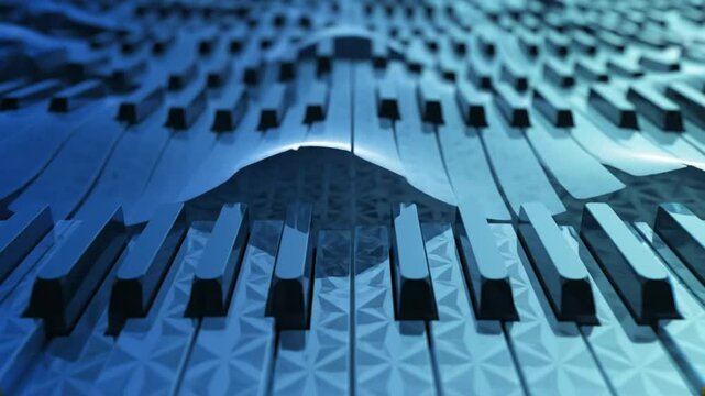 Abstract piano keyboard with a water or wave-like reflective surface and ambient blue light