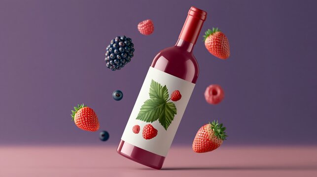 Red wine bottle with label featuring raspberry and leaf design surrounded by floating strawberries, raspberries, blackberries, and blueberries on a pastel background
