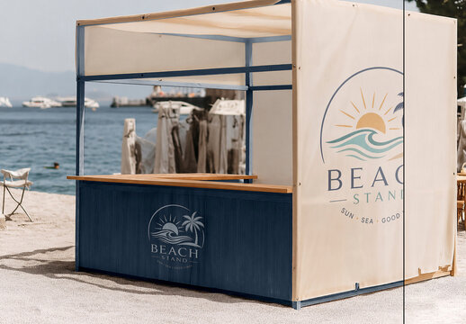 Beach Kiosk PSD Mockup with Wooden Counter and Canvas Canopy