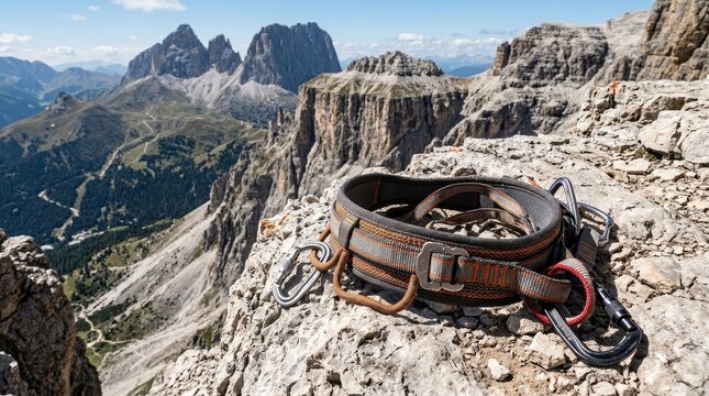 Climbing harness and carabiner resting on a rocky mountain ledge with dramatic peaks in the background