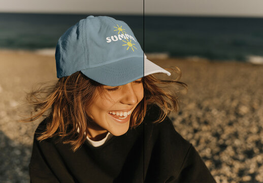 Kid Baseball Cap PSD Mockup on Beach Lifestyle Scene