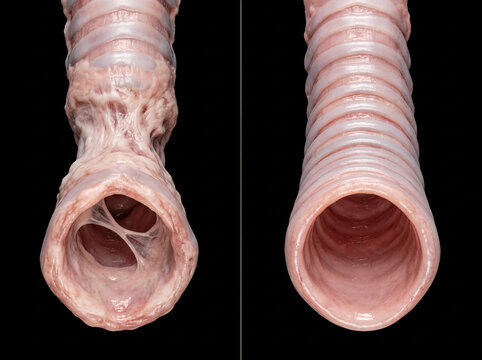 Trachea gross pathology comparison: severe intrinsic stenosis with fibrotic luminal bands (left) and normal healthy trachea (right), gross anatomy specimen on black background.