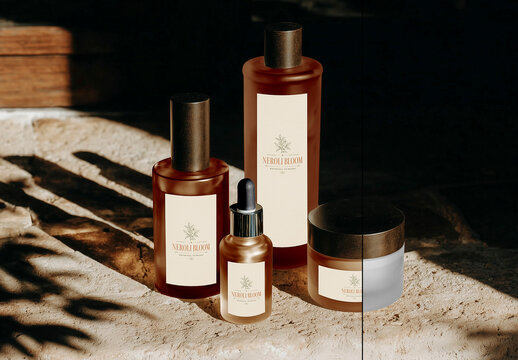 Luxury Skincare Packaging PSD Mockup with Amber Bottles