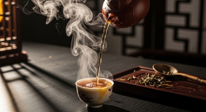 Traditional Chinese Tea Ceremony Pouring Hot Water into Cup.