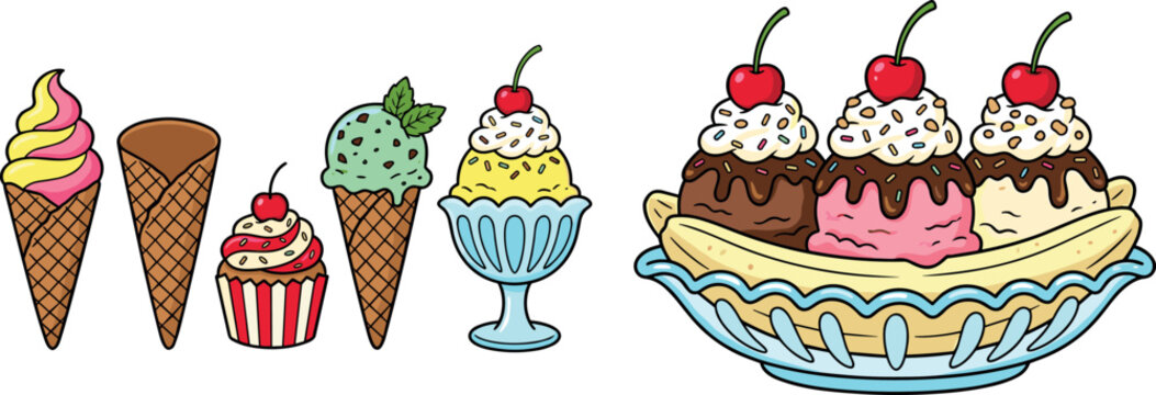 Ice Cream Sundae and Dessert Collection Featuring Banana Split Cones Cupcake and Sweet Frozen Treat Illustrations for Summer Designs