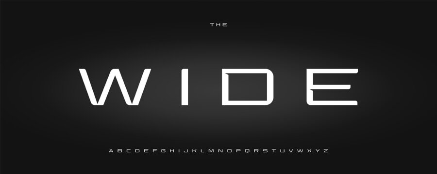 Wide sans serif font for automotive, industrial, sport, esports, fashion and technological industries. Modern typeface, elegant semibold alphabet for logo, lettering, and headline. Vector typography.