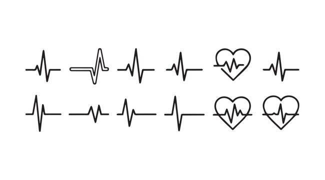 Electrocardiogram Heartbeat Line Icons with Medical Heart Symbols