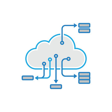 Cloud Computing Network, Central Cloud With Connected Servers And Database Nodes, Modern Geometric Flat, Industrial Vector Icons And Engineering Elements
