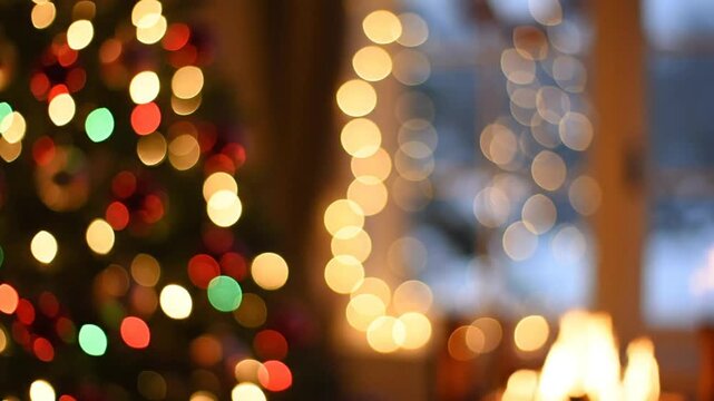 Blurred festive holiday scene with Christmas tree lights, string lights and fireplace flames creating warm bokeh background