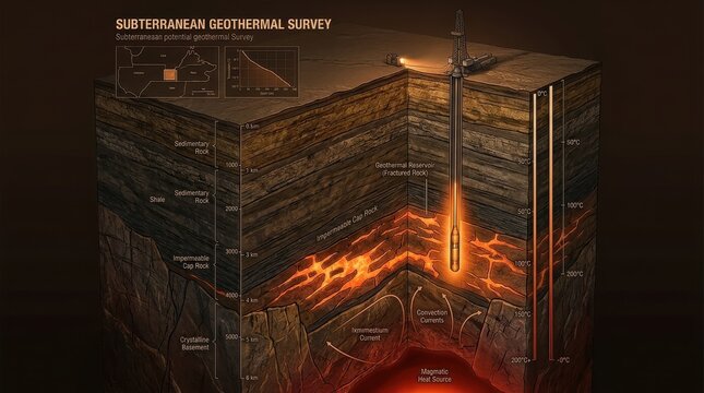 Cross-section illustrating geothermal energy exploration with a drilling well into earth's heat