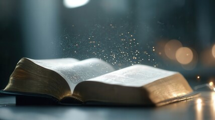 Fototapeta premium Open book inviting spiritual reading and study with golden light shining through window leaves green