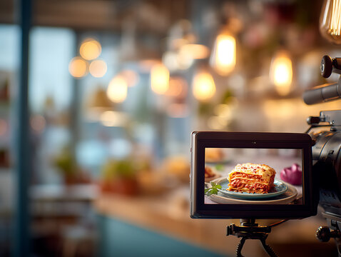 The image shows the camera screen displaying an image of lasagna
