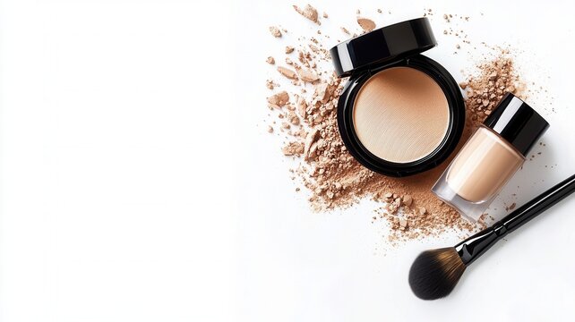 Various cosmetic products including liquid foundation, pressed powder, loose powder, and beauty routine for brushes