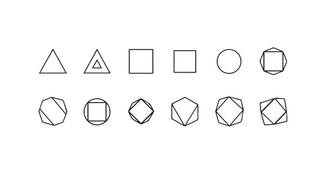 Geometric shapes in line art on a white background illustrating foundational design elements