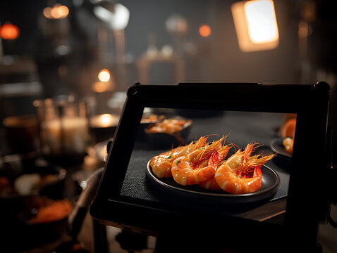 The camera's real-time display shows an image of grilled shrimp