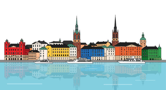 Colorful Stockholm Skyline with Boats and Water Reflection