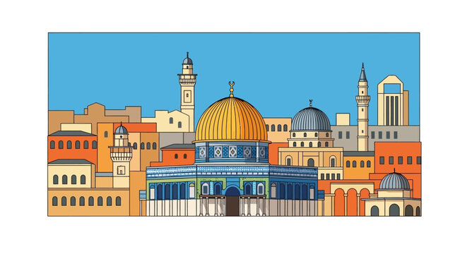 Jerusalem skyline with Dome of the Rock, colorful buildings, blue sky