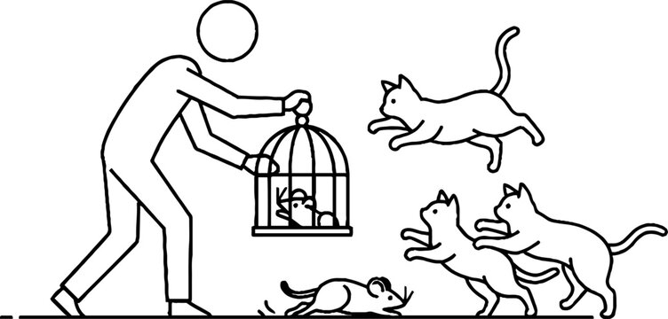 Person protecting mouse in cage from hungry cats