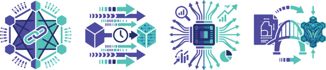 Naklejka premium Data science and digital network icons representing blockchain chip architecture and structural integrity assessment.