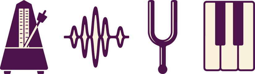 Collection of music related icons including metronome audio waveforms tuning fork and piano keys for audio production. © Vectorar M A