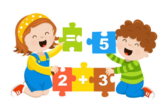 Kids Solving Addition Problem With Puzzle Pieces